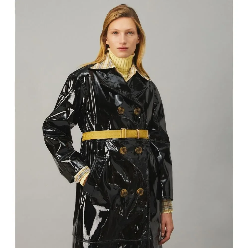 Tory Burch Black Patent Leather Trench Coat Belted Size 6